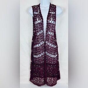 Carole Little Vest Long Layer Burgundy Wine Deep Red Crochet 1X